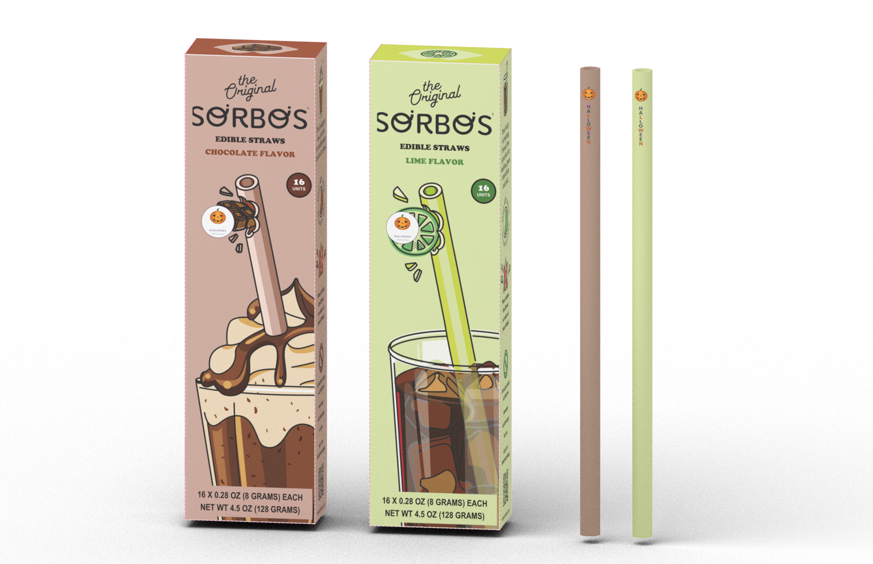 Halloween edition — existing USA packs with campaign stickers and food-print demonstration straws