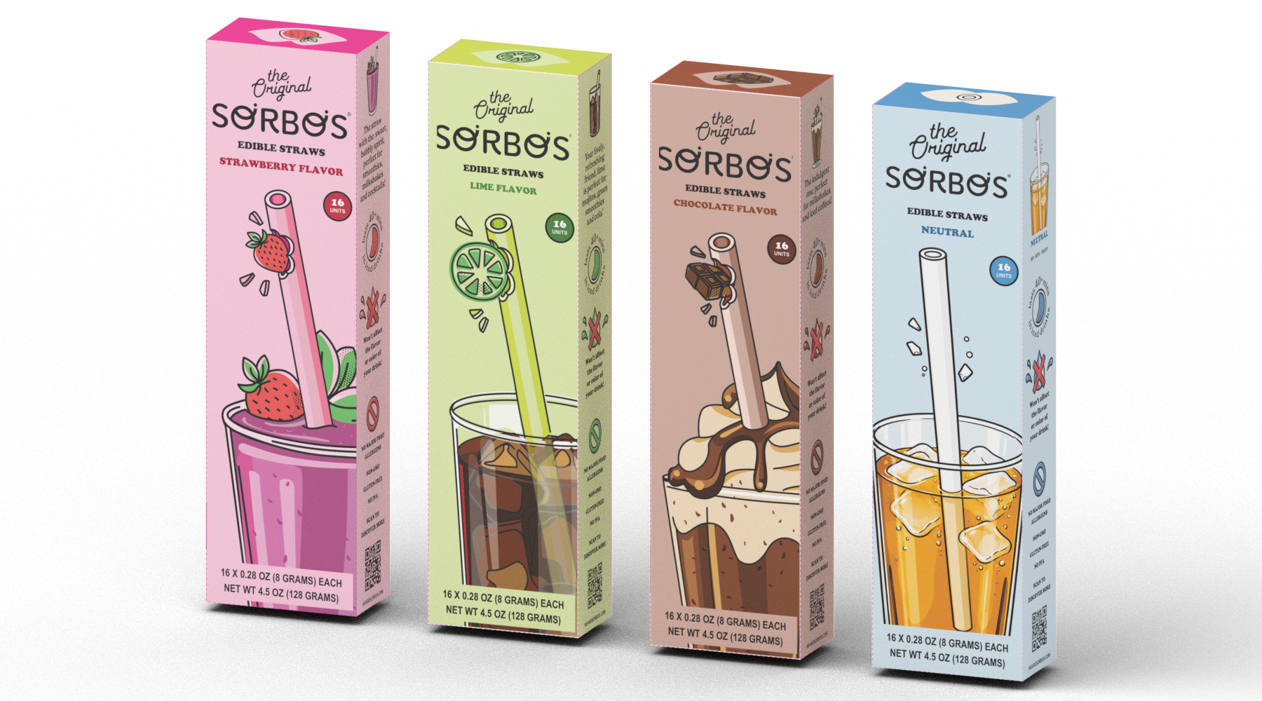SORBOS USA retail packaging: Strawberry, Lime, Chocolate and Neutral